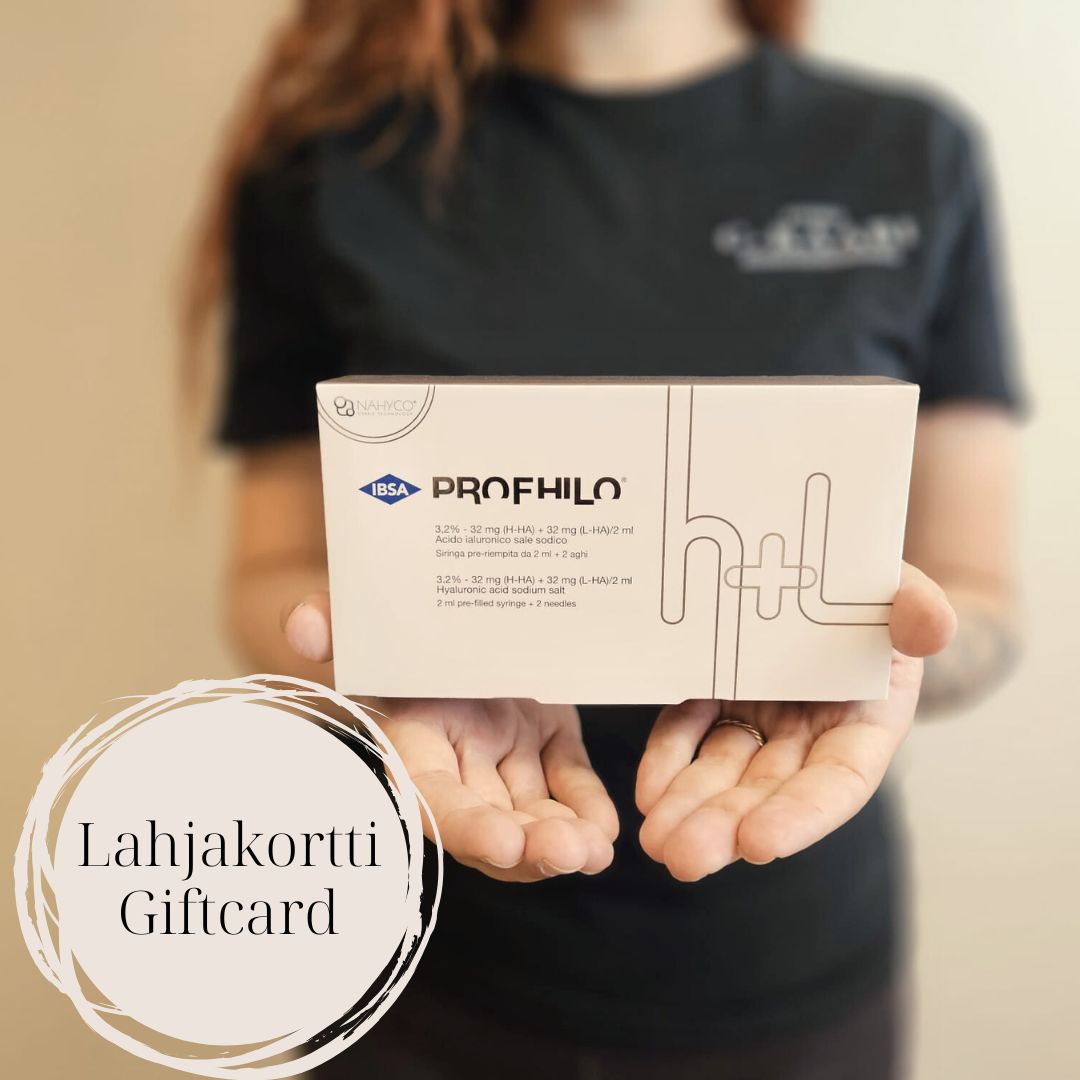 Profhilo® – lahjakortti  Kirkastava ja ihoa kiinteyttävä biorevitalisaatiohoito, joka palauttaa iholle sen luonnollisen hehkun ja napakkuuden.